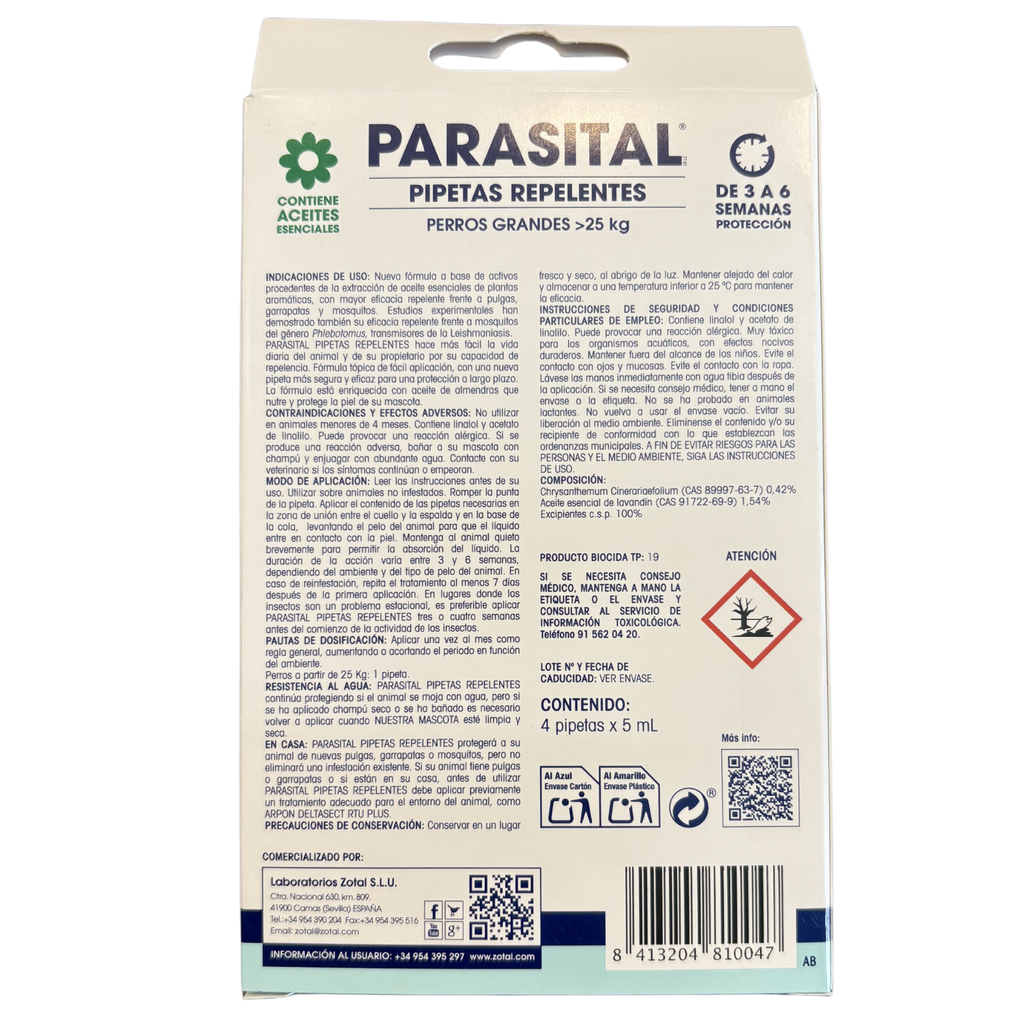 PARASITAL® Zotal | Pipeta Antiparasitaria Natural para Perros Grandes +25KG
