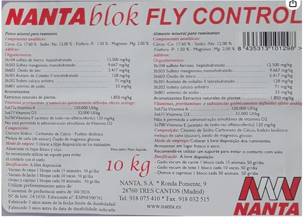 Nanta Block Fly Control 10kg - Bloque Mineral Repelente Moscas | Caballos Vacas Ovejas