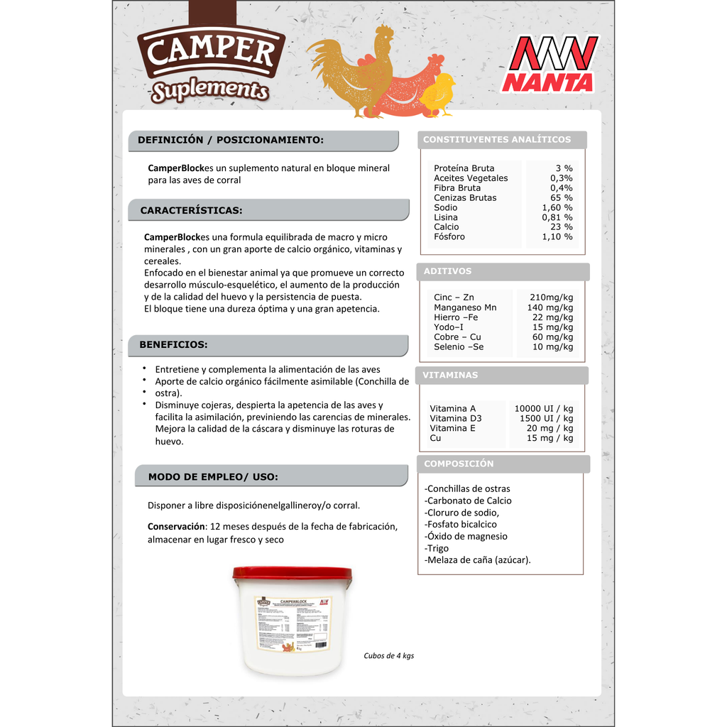Camperblock 4kg - Bloque Mineral Gallinas | Previene Picaje y Refuerza Cáscara