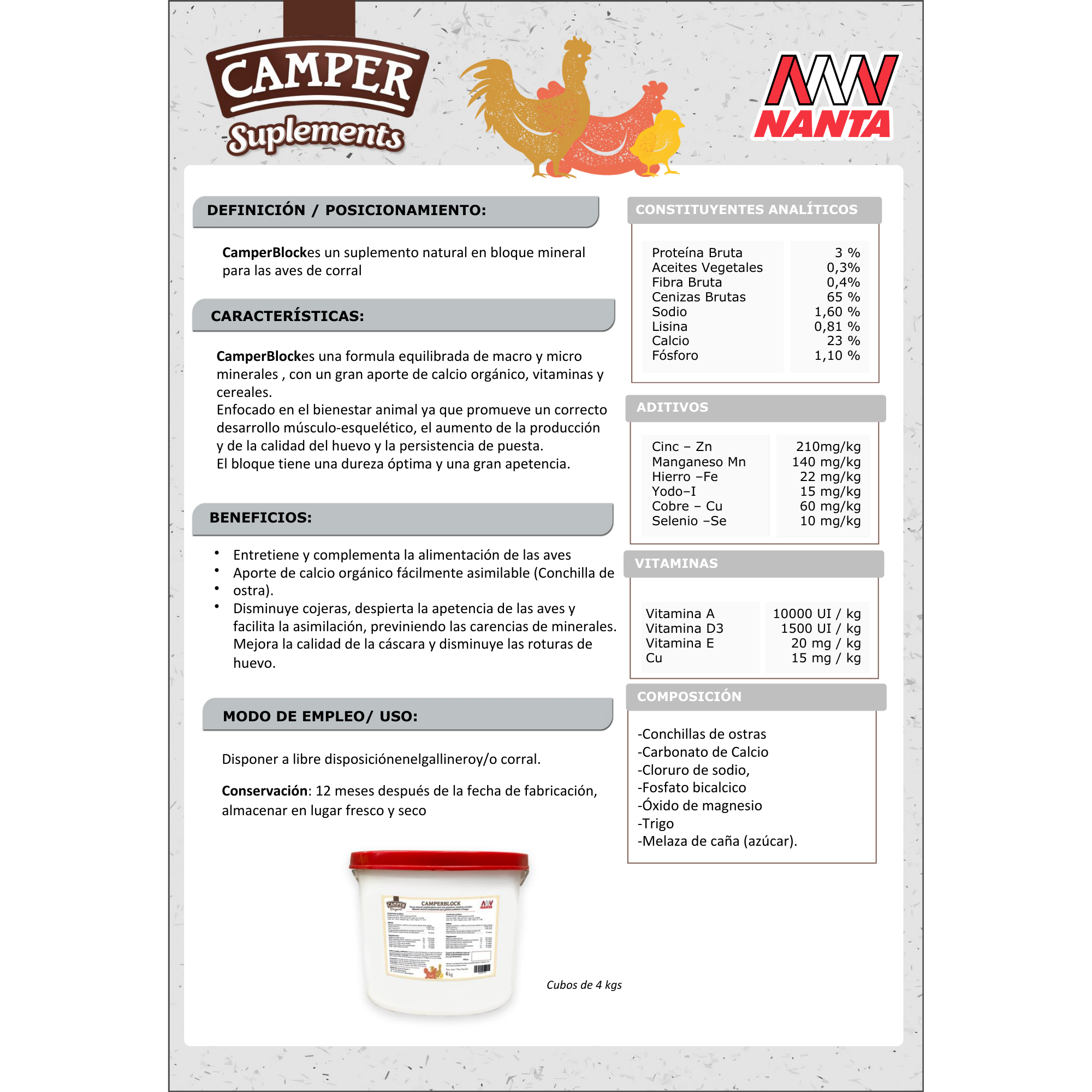 Camperblock 4kg - Bloque Mineral Gallinas | Previene Picaje y Refuerza Cáscara